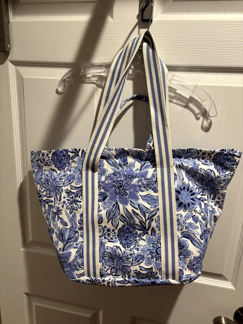 Blue Floral Canvas Tote Bag with Striped Handles